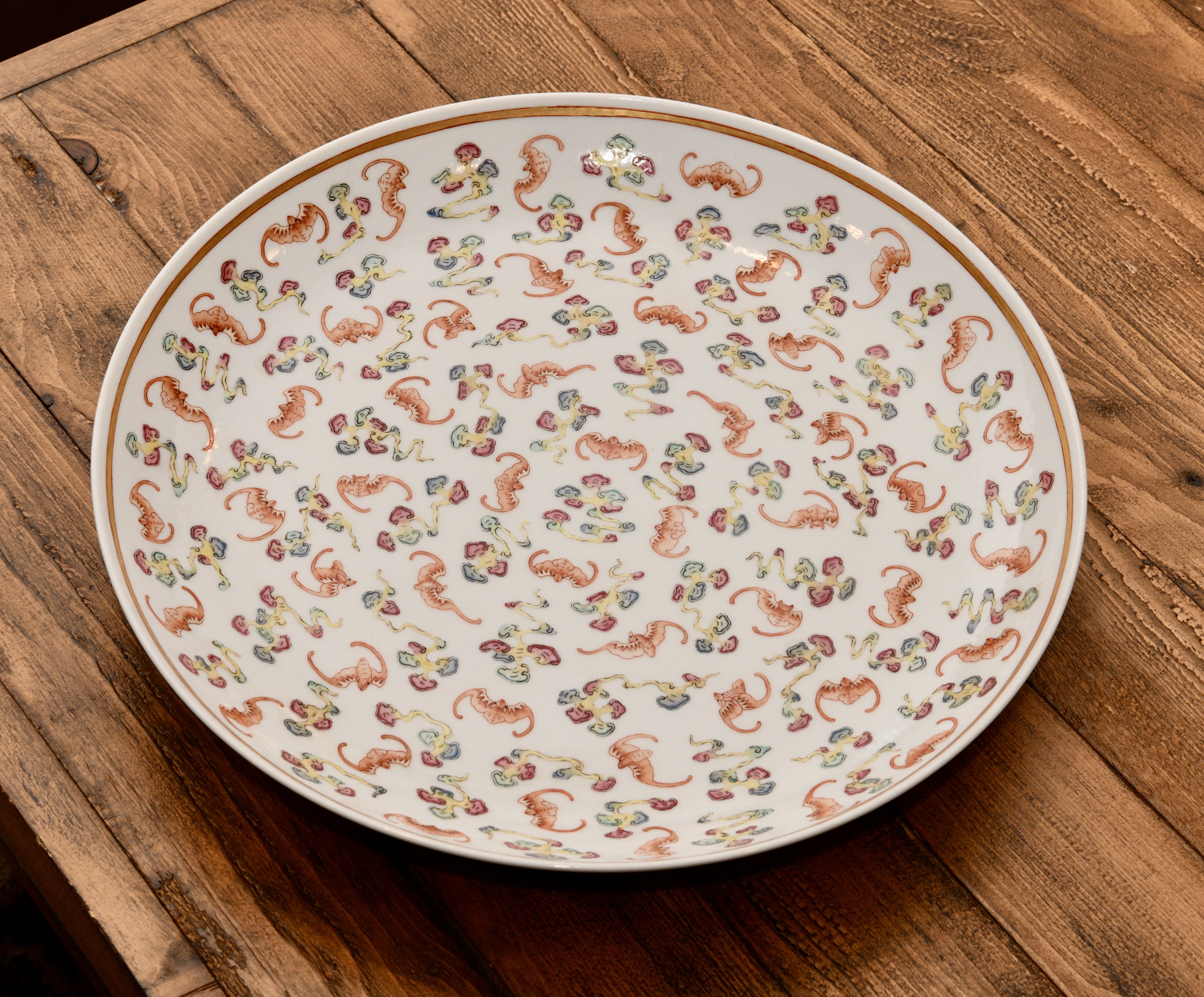 Large Chinese Porcelain Bat & Colored Cloud Charger
