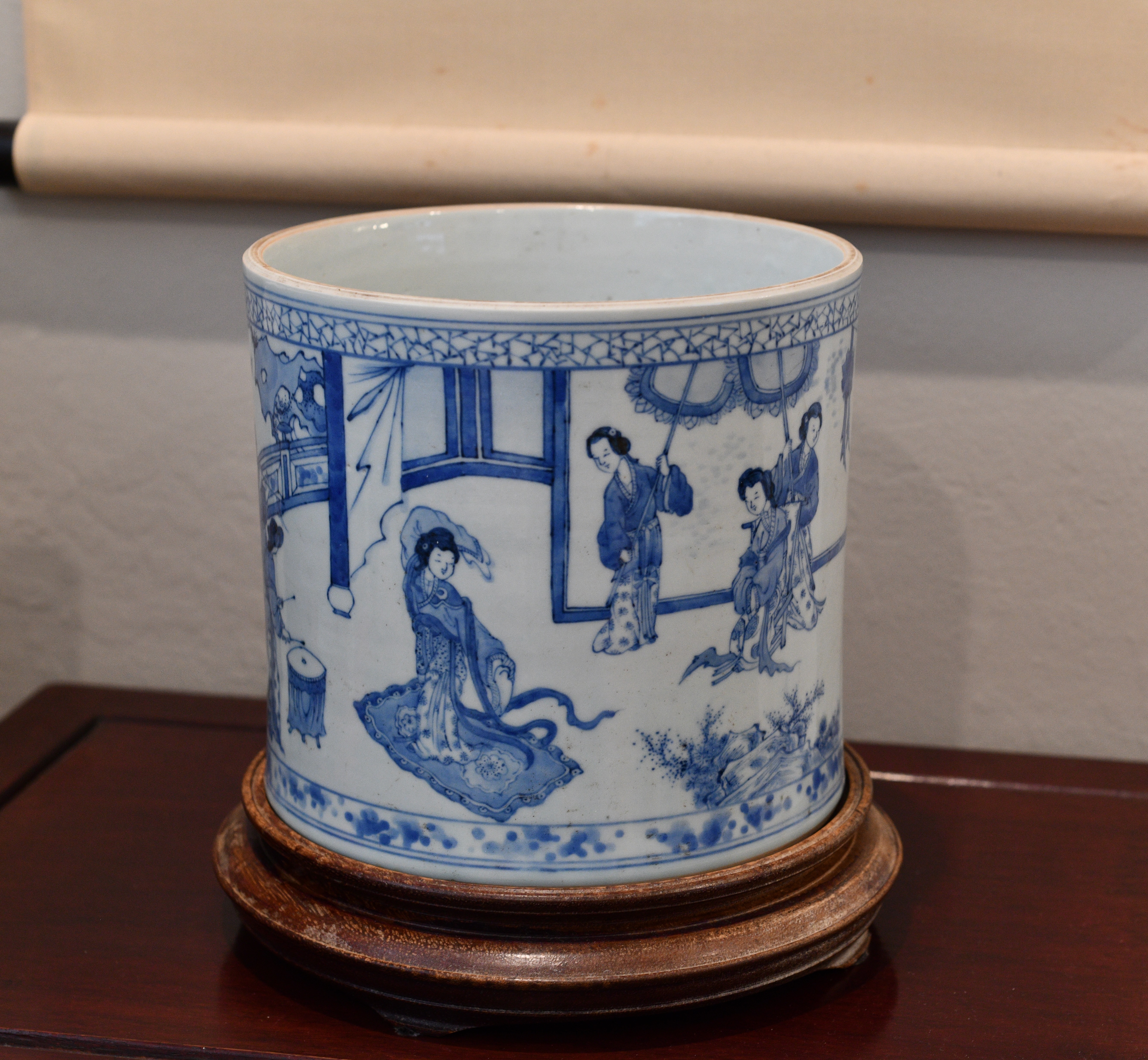 An Early Qing Blue-and-White Brush Pot with Narrative Figures from Yuanyang Tao
